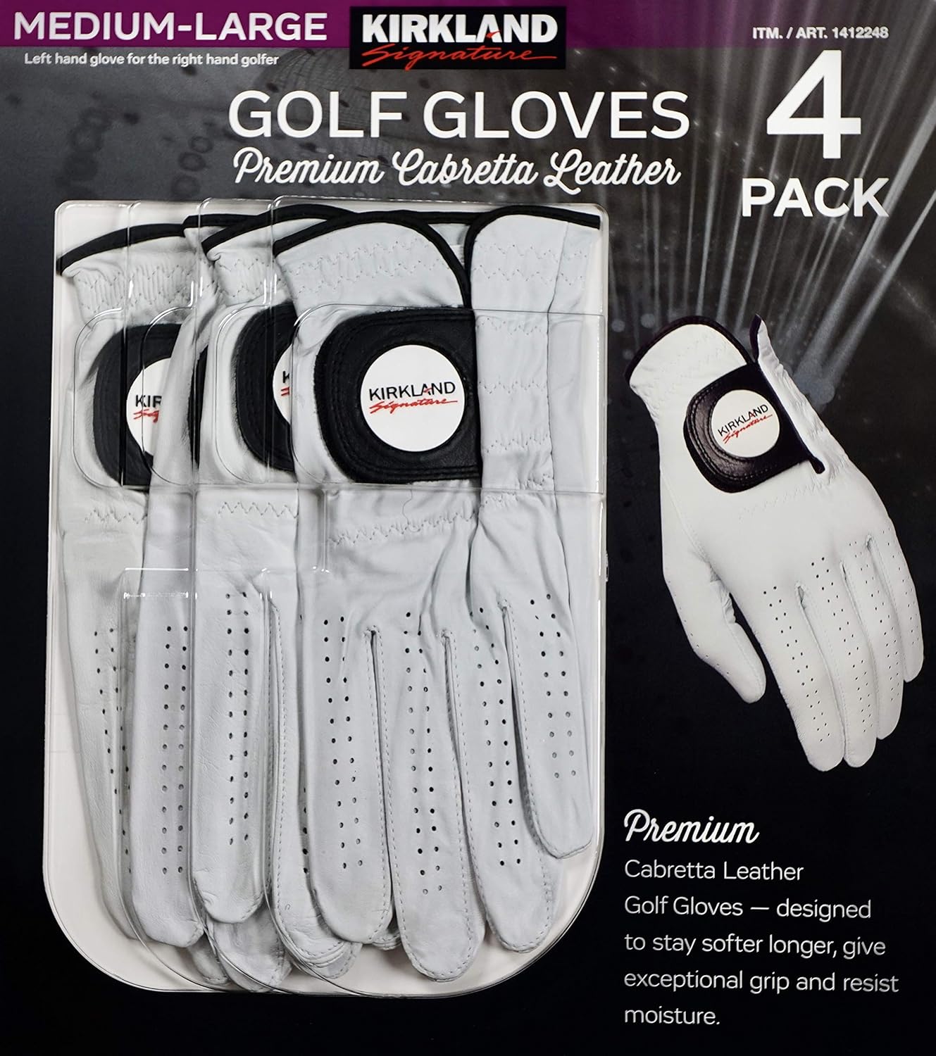 Kirkland Signature Golf Gloves Premium Cabretta Leather, Medium/Large (4 Count)