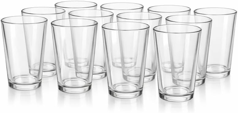 Pint Beer Glasses Set of 12 – 16 oz Tall Clear Drinking Glasses and All Purpose Tumblers – Heavy Base Cocktail, Water, Juice Glass – Pub Style Design For Home Dining, Bars, and Parties