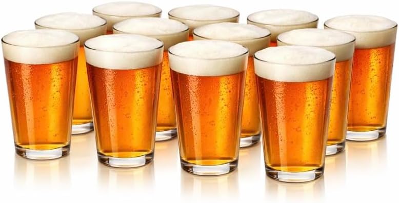 Pint Beer Glasses Set of 12 – 16 oz Tall Clear Drinking Glasses and All Purpose Tumblers – Heavy Base Cocktail, Water, Juice Glass – Pub Style Design For Home Dining, Bars, and Parties
