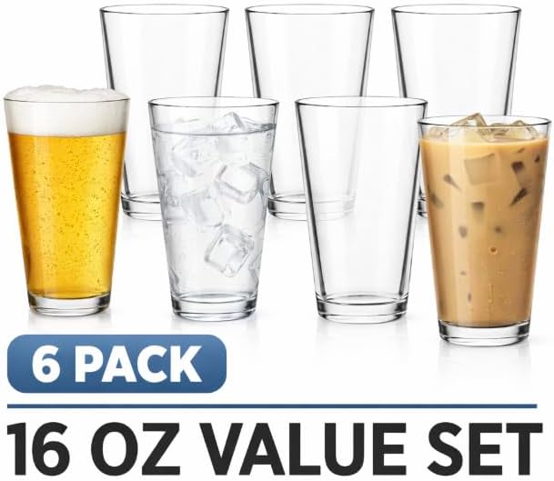16 oz Pint Glasses Set of 6 – Premium Clear Drinking Glasses with Heavy Base, Durable Dishwasher Safe Beer Glasses for Home Bar, Cocktails, Water