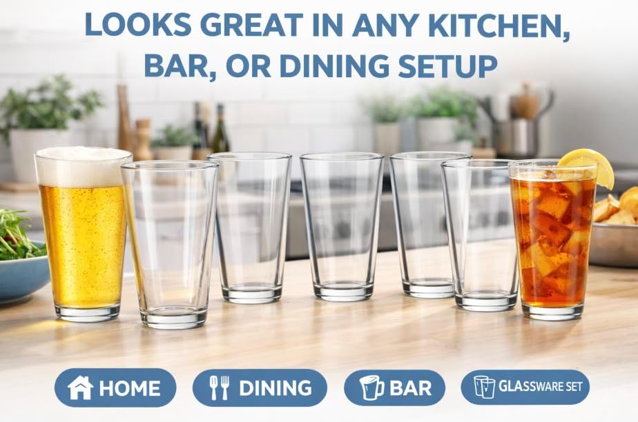 16 oz Pint Glasses Set of 6 – Premium Clear Drinking Glasses with Heavy Base, Durable Dishwasher Safe Beer Glasses for Home Bar, Cocktails, Water