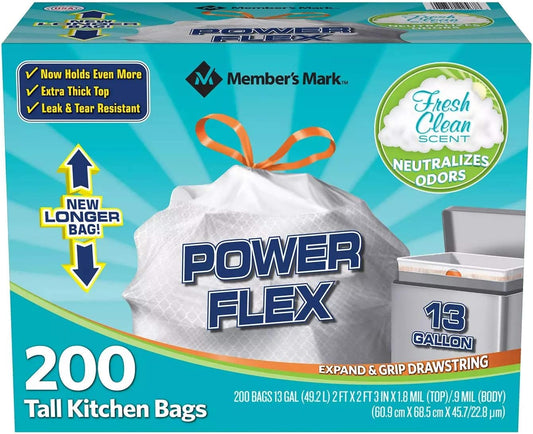 Members Mark 13 Gal Power Flex, Leak Protection, Tall Kitchen Simple Fit Drawstring Bags (1 Pack, Fresh Clean Scent), 1count